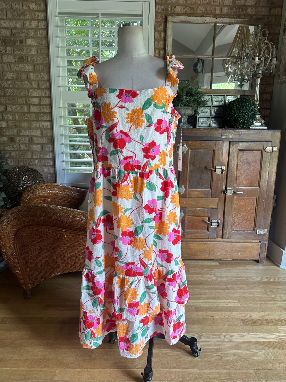 DRAPER JAMES FLUTTER SLEEVE MID DRESS IVORY MULTI XXL NEW